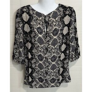 Three Eighty Two Snake Skin Sheer 3/4Sleeve Blouse S, Neutral Edgy Statement NWT